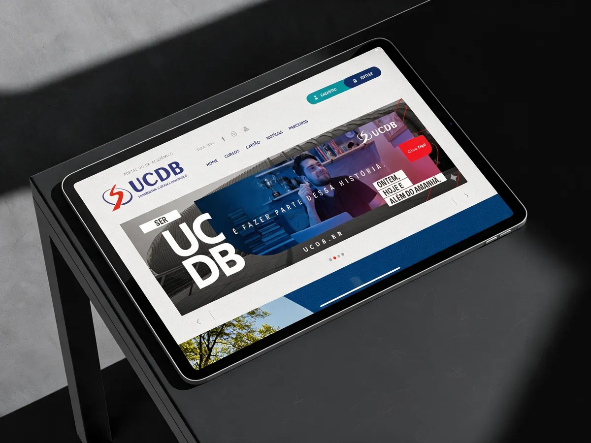 Portal do Ex-Acadêmico da UCDB, Universidade Católica Dom Bosco, aberto em um tablet