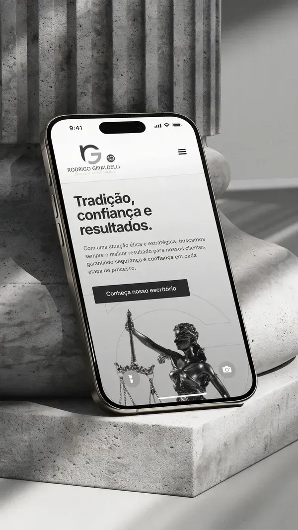 Site da Rodrigo Giraldelli Sociedade de Advogados aberto no celular